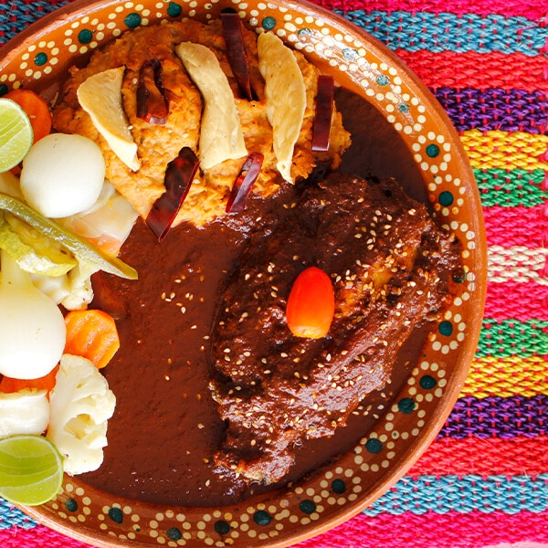 Un plato de verduras variadas y mole de pollo en un colorido cubierto. Un plato de verduras variadas y mole de pollo en un colorido cubierto.