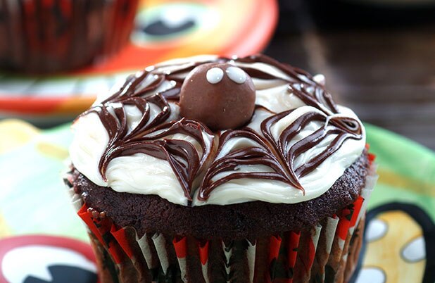 Un cupcake de chocolate con un diseño de telaraña y una araña de pasta de azúcar en la parte superior.