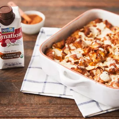 Peach and Almond French Toast Casserole with Creamy Glaze