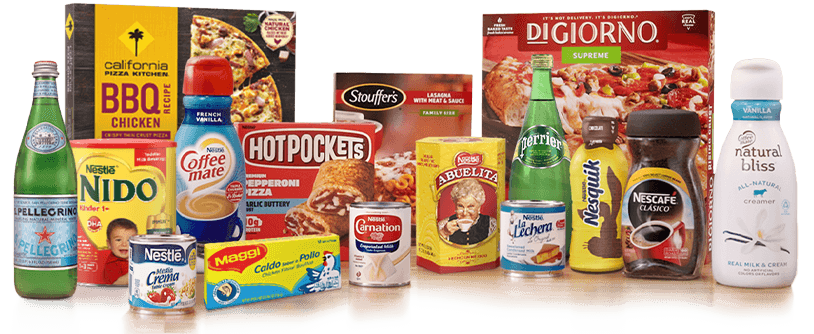 A dozen Nestlé products like Hot Pockets, Media Crema and DiGiorno pizza on a kitchen counter.