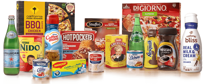 A dozen Nestlé products like Hot Pockets, Media Crema and DiGiorno pizza on a kitchen counter.