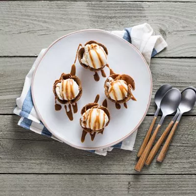 Churro Cups with Vanilla Ice Cream & Dulce de Leche Drizzle