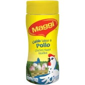 A canister of Granulated Chicken Bouillon with a yellow label of an illustrated chicken carrying a basket.