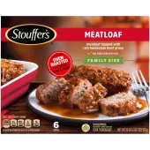 Box of Meatloaf with a dish and plate full of meatloaf and gravy beside the product name, logo and "FAMILY SIZE" label.